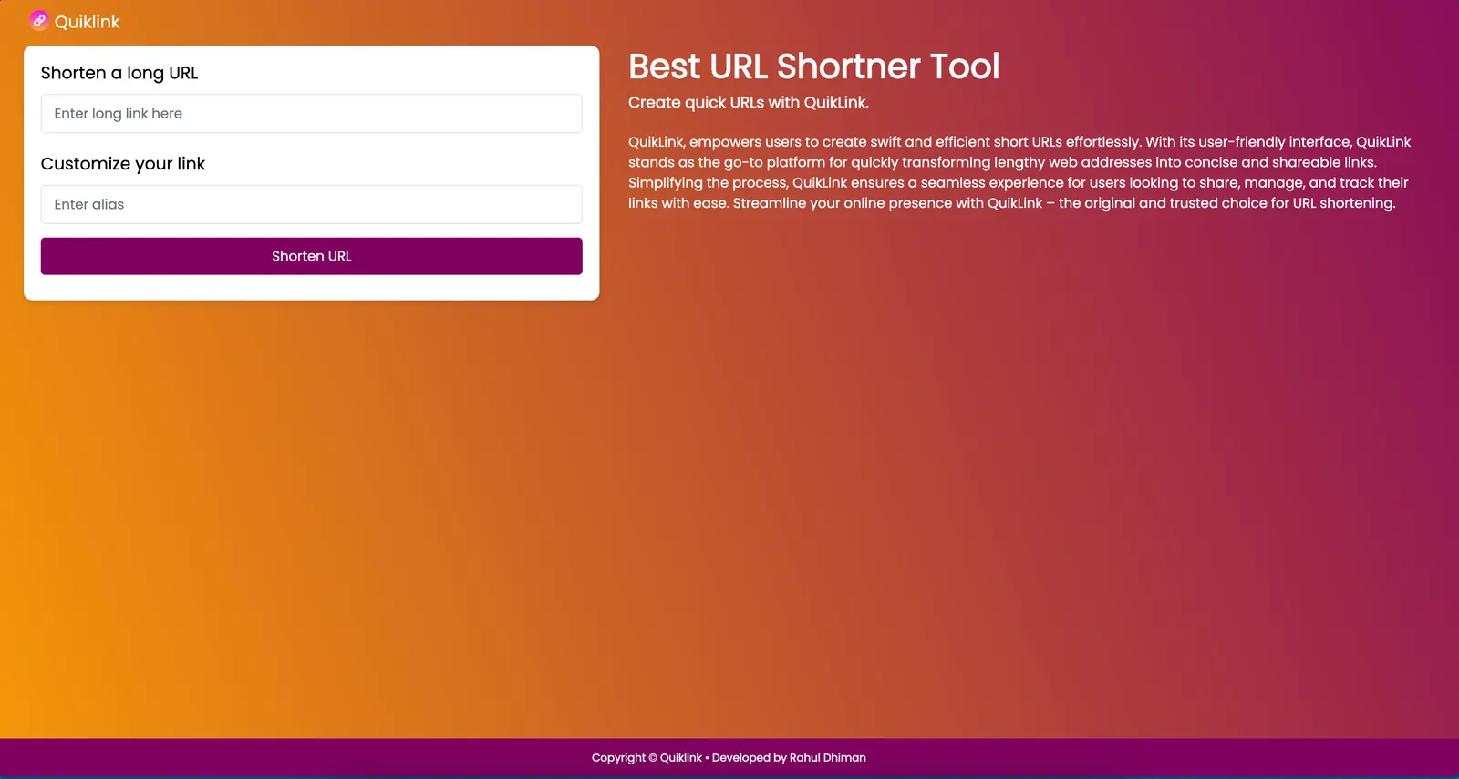 Quiklink URL shortener landing page